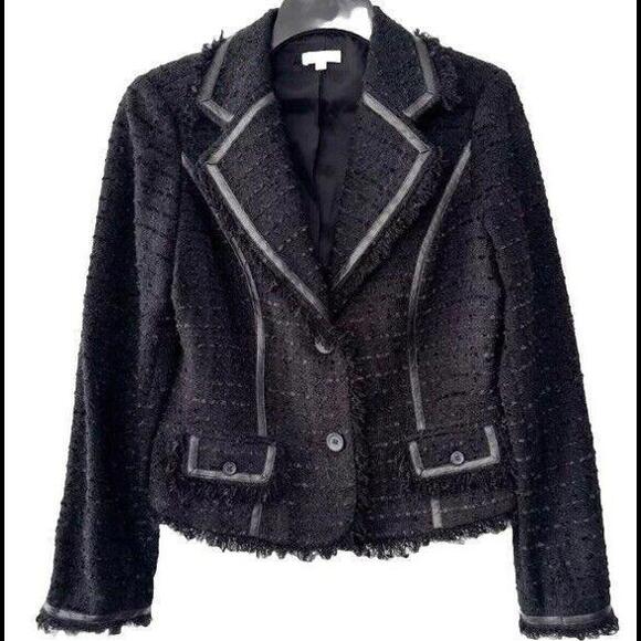 👠🧥🖤VTG Y2K Cache Women Black Suit Jacket Boucle Knit Fringe Faux Leather 10